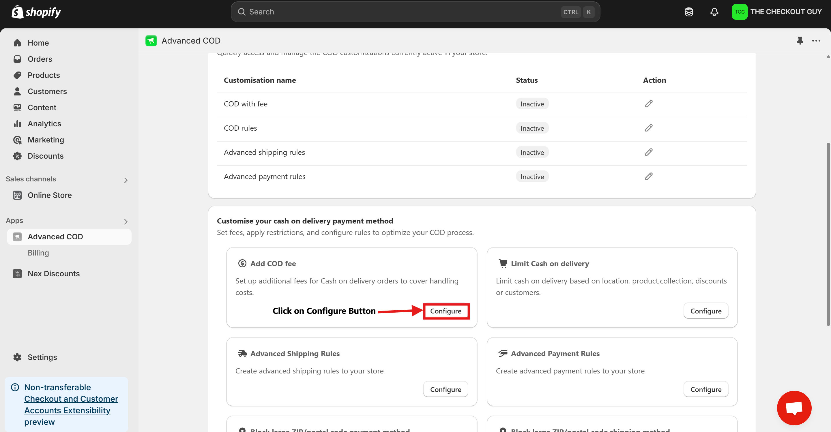 cod fee configure button